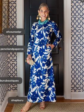Buru Astor gown Blue & White Floral Maxi Dress - Elegant Long Sleeve